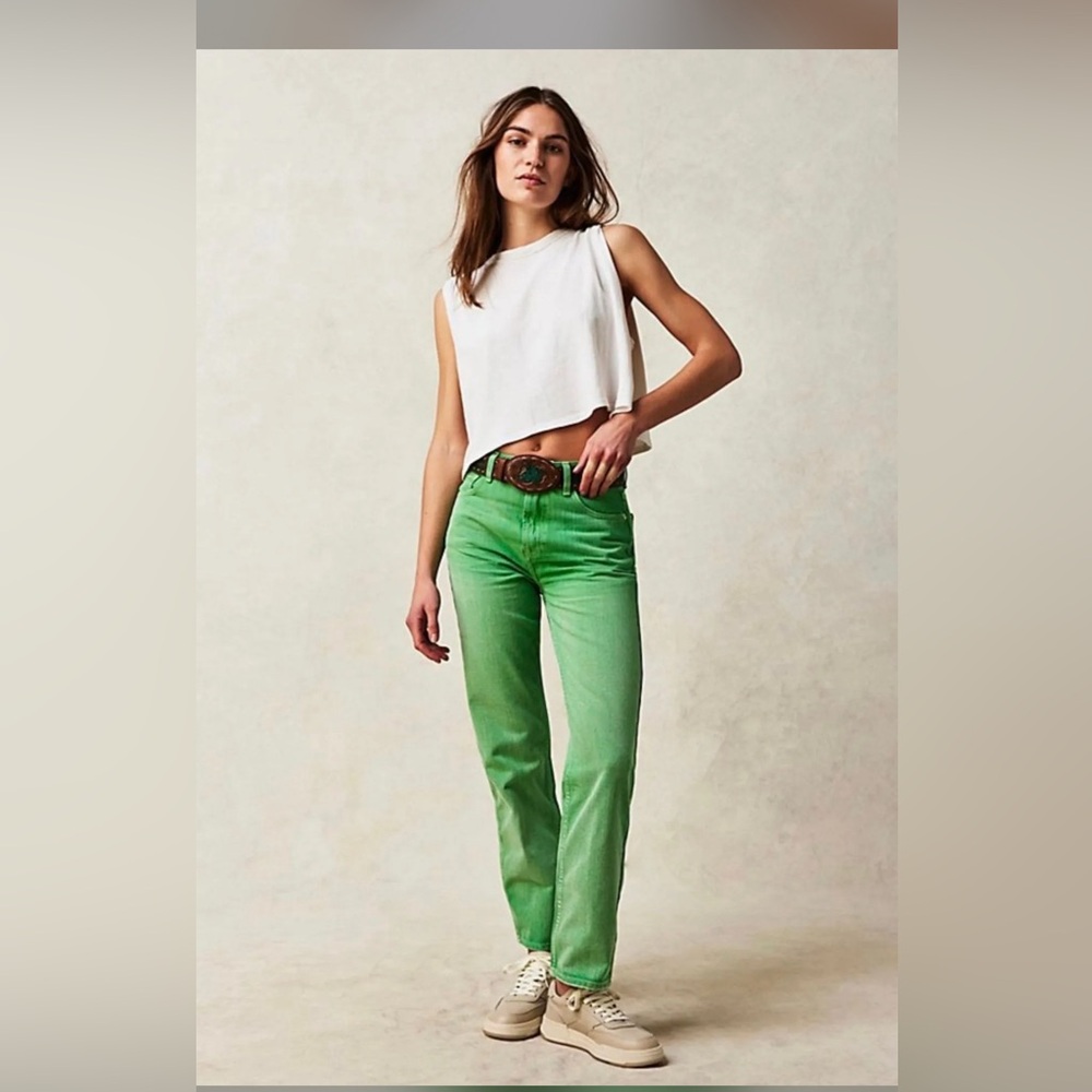 Free People The Pacifica High Rise Slim Straight Leg Green NWOT